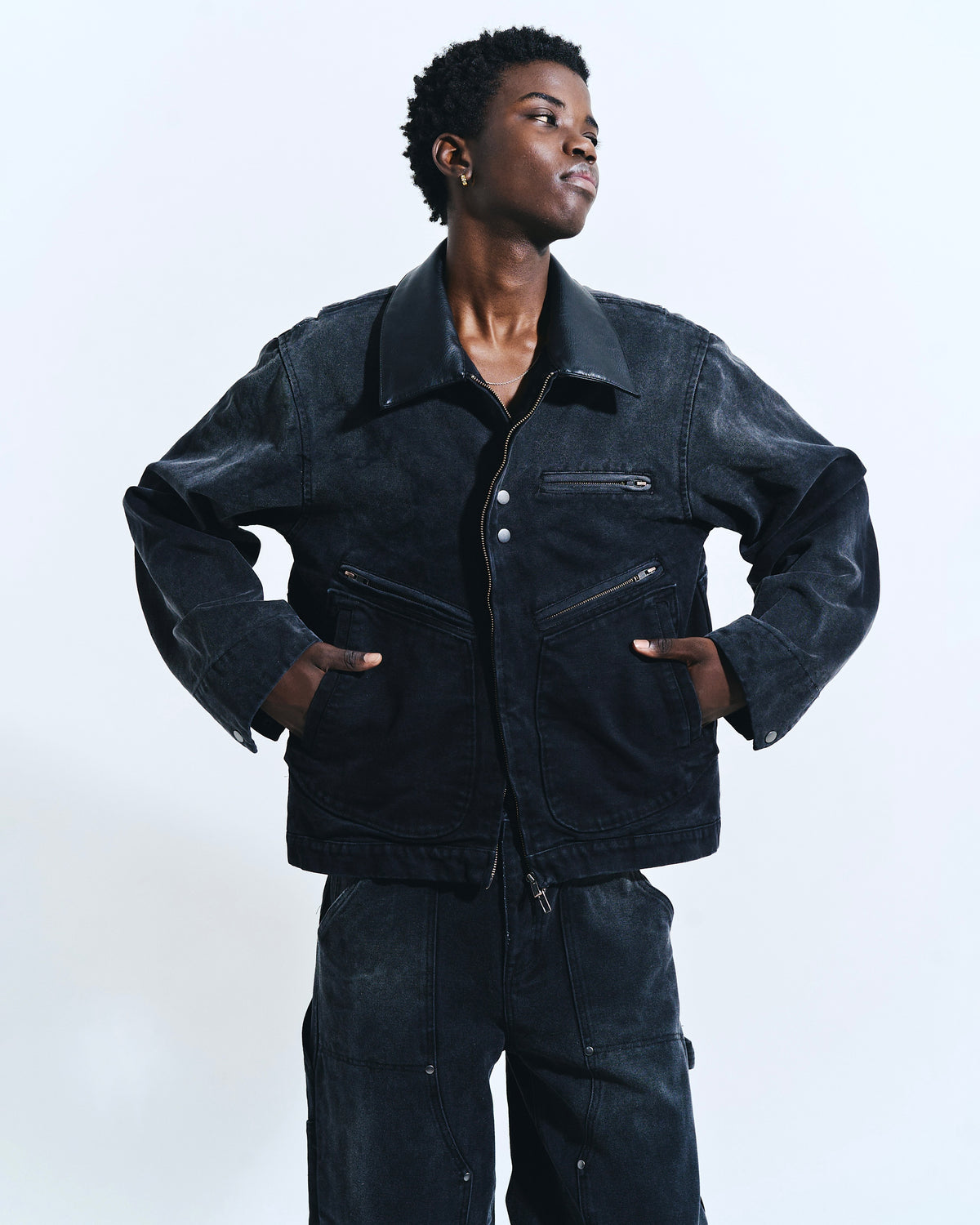 FAUX LEATHER COLLAR FADED DETROIT JACKET