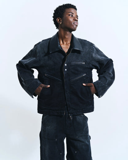 FAUX LEATHER COLLAR FADED DETROIT JACKET