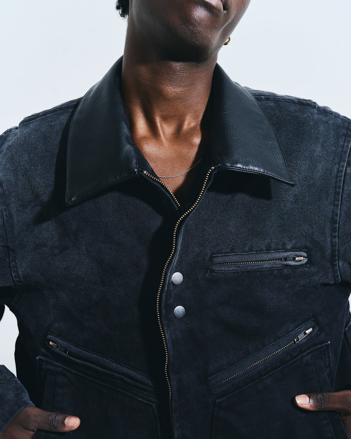FAUX LEATHER COLLAR FADED DETROIT JACKET
