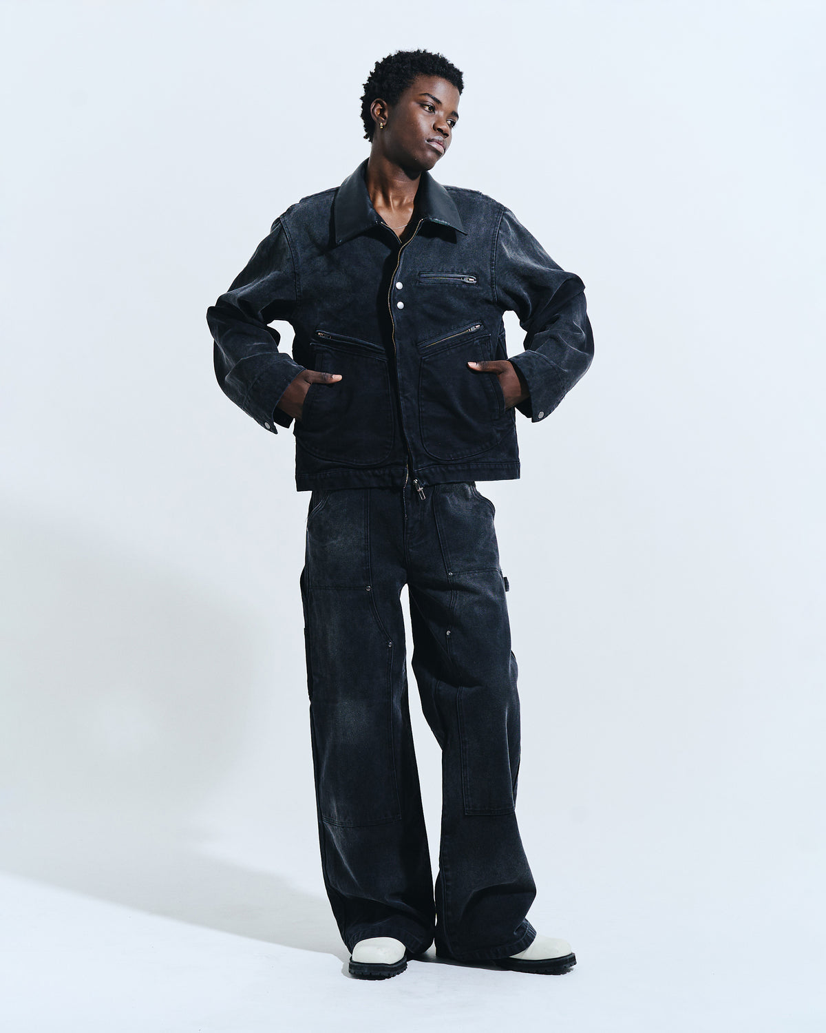 FAUX LEATHER COLLAR FADED DETROIT JACKET