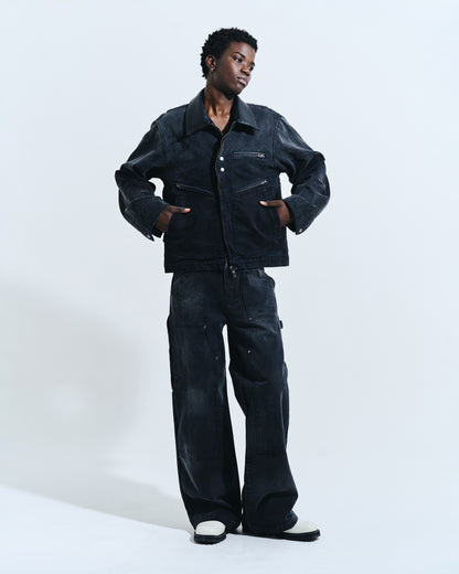 FAUX LEATHER COLLAR FADED DETROIT JACKET