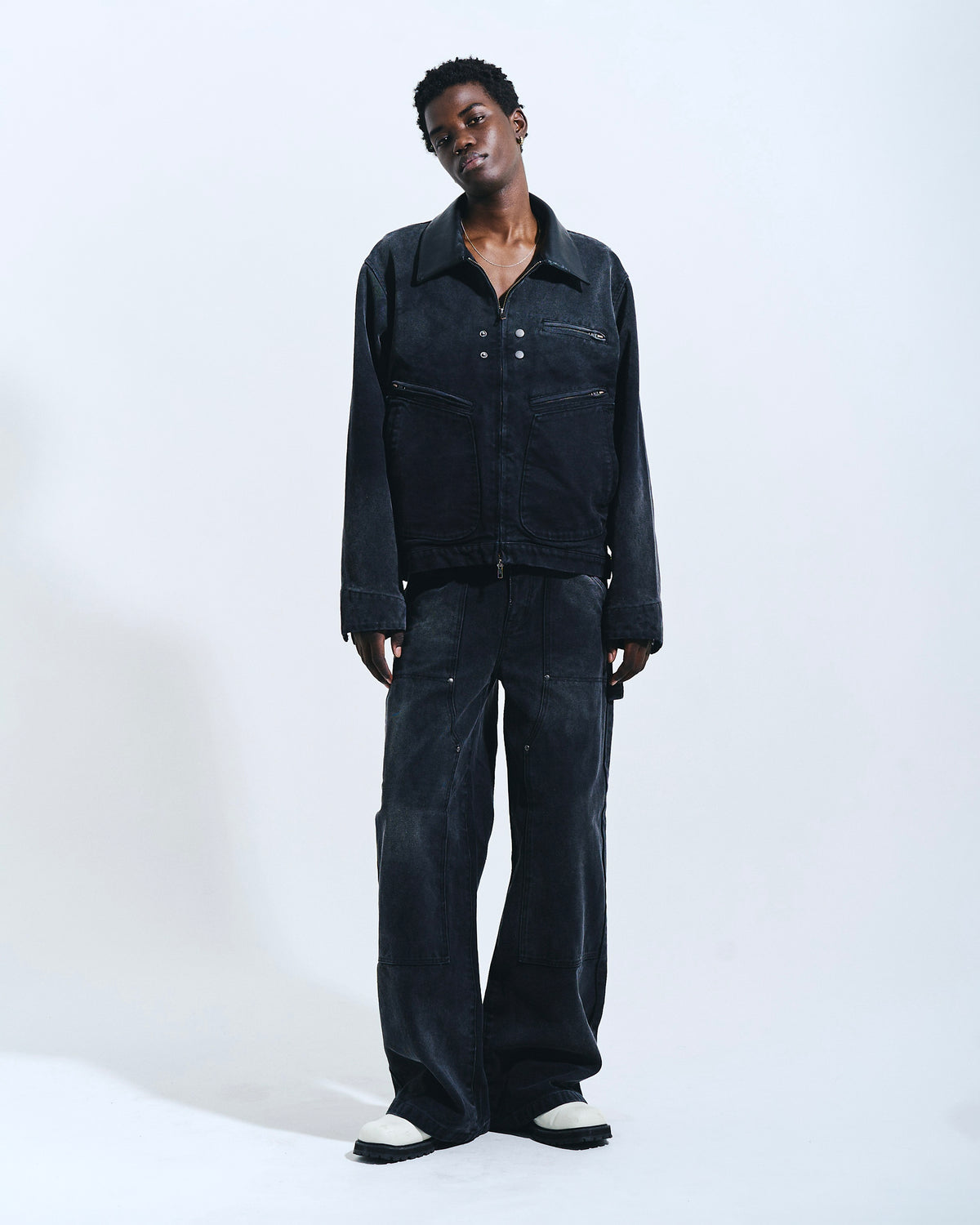 FAUX LEATHER COLLAR FADED DETROIT JACKET
