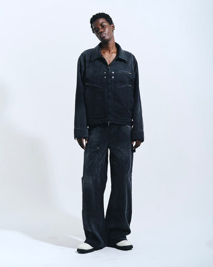 FAUX LEATHER COLLAR FADED DETROIT JACKET