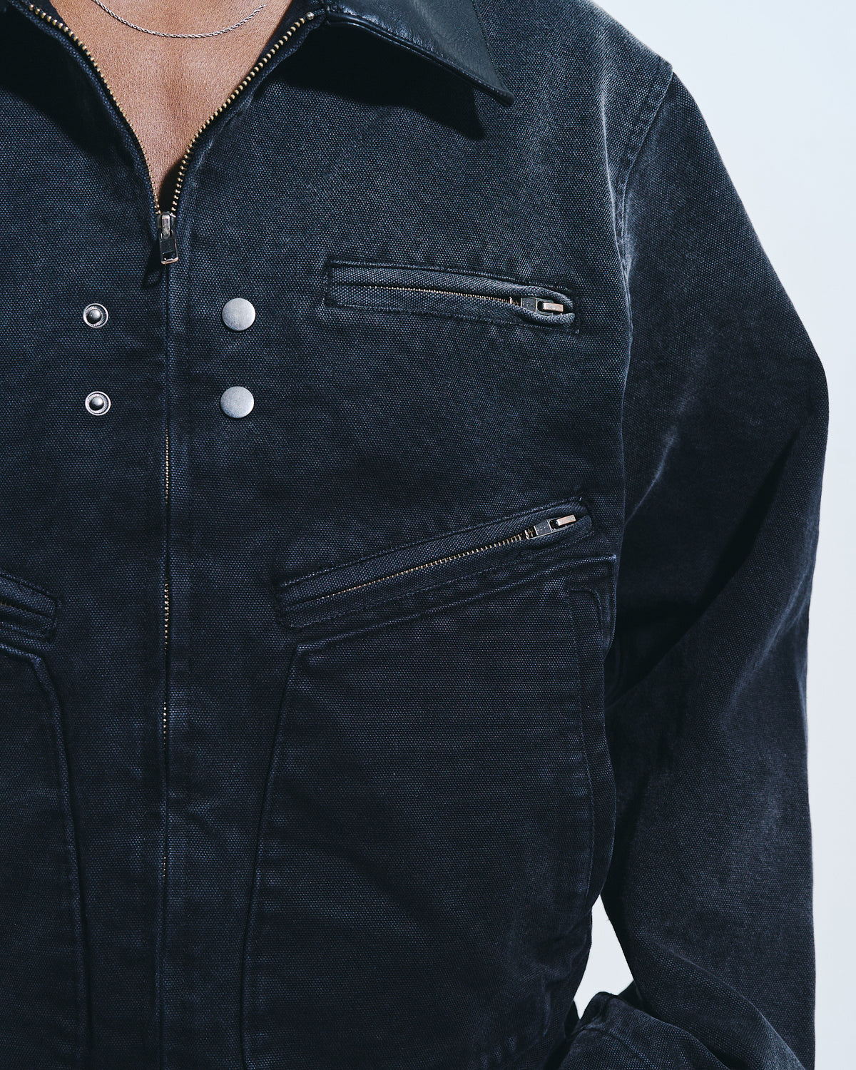 FAUX LEATHER COLLAR FADED DETROIT JACKET