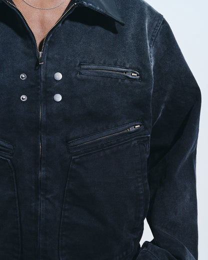 FAUX LEATHER COLLAR FADED DETROIT JACKET