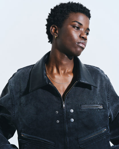 FAUX LEATHER COLLAR FADED DETROIT JACKET