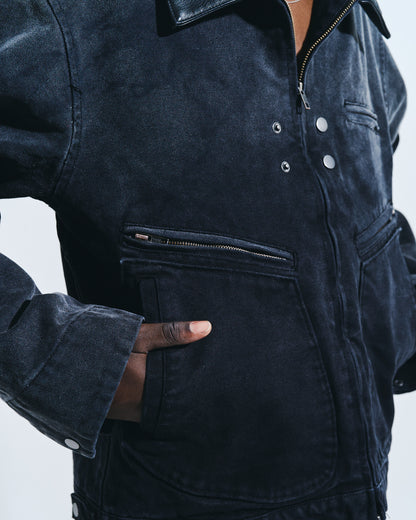 FAUX LEATHER COLLAR FADED DETROIT JACKET