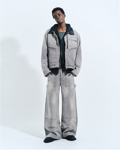 FAUX LEATHER COLLAR FADED DETROIT JACKET