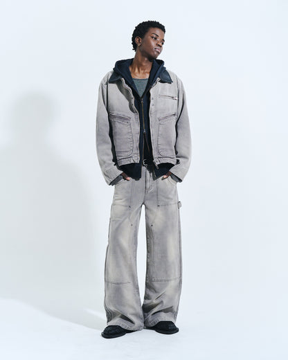 FAUX LEATHER COLLAR FADED DETROIT JACKET