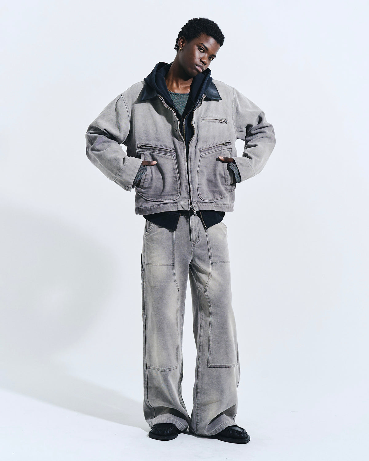 FAUX LEATHER COLLAR FADED DETROIT JACKET