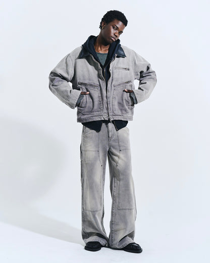 FAUX LEATHER COLLAR FADED DETROIT JACKET