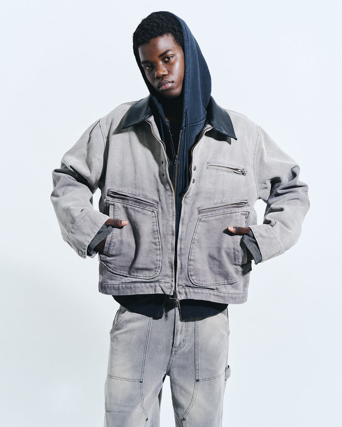 FAUX LEATHER COLLAR FADED DETROIT JACKET