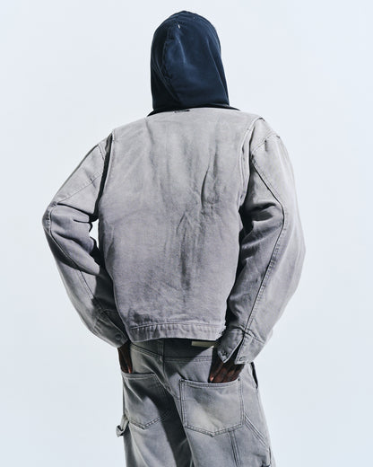 FAUX LEATHER COLLAR FADED DETROIT JACKET