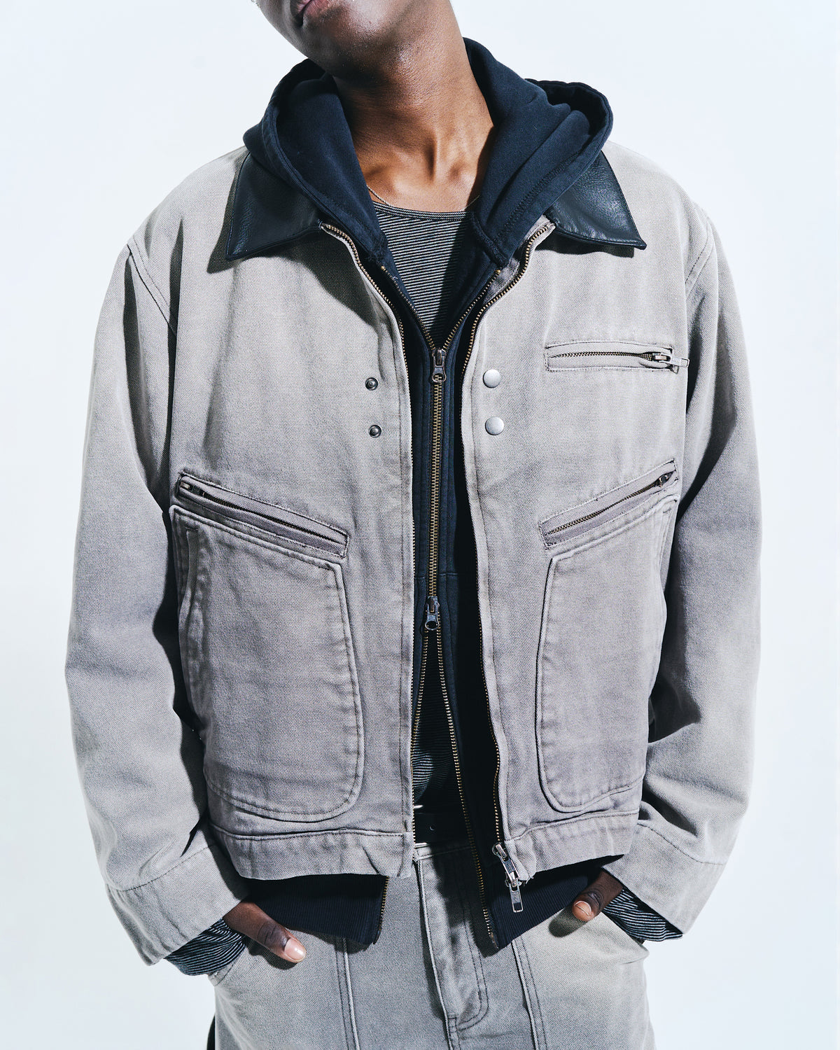 FAUX LEATHER COLLAR FADED DETROIT JACKET