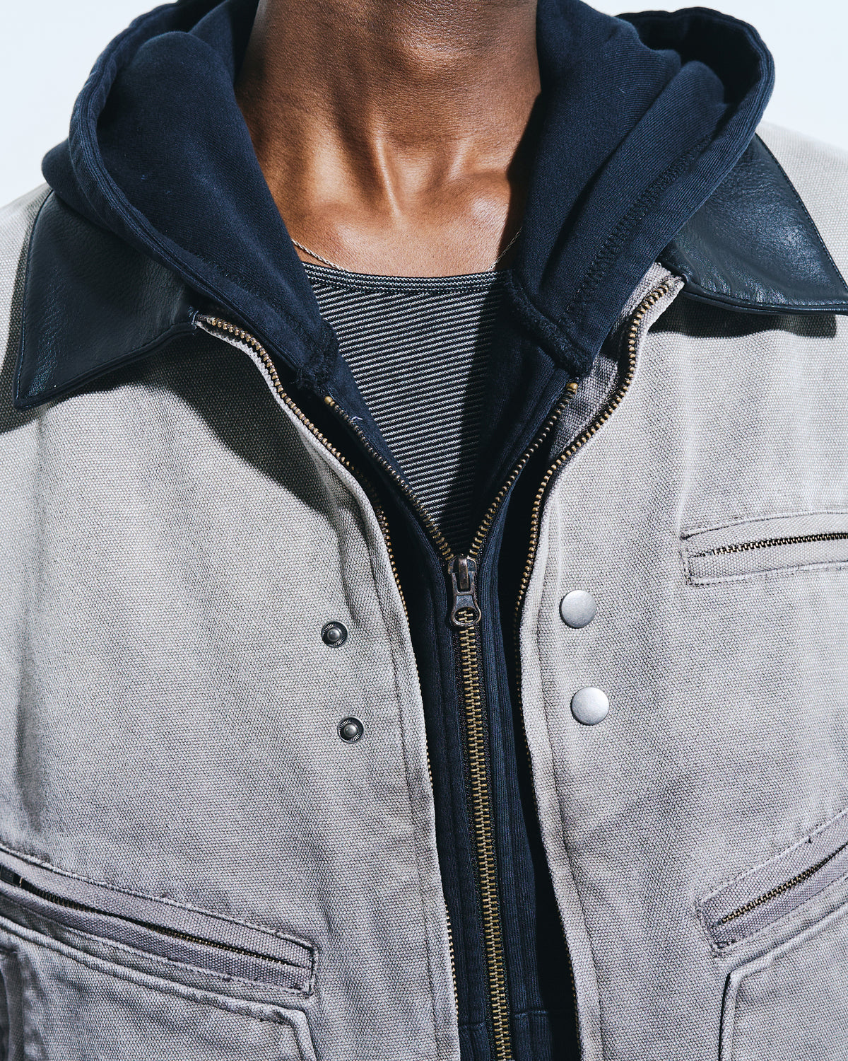 FAUX LEATHER COLLAR FADED DETROIT JACKET
