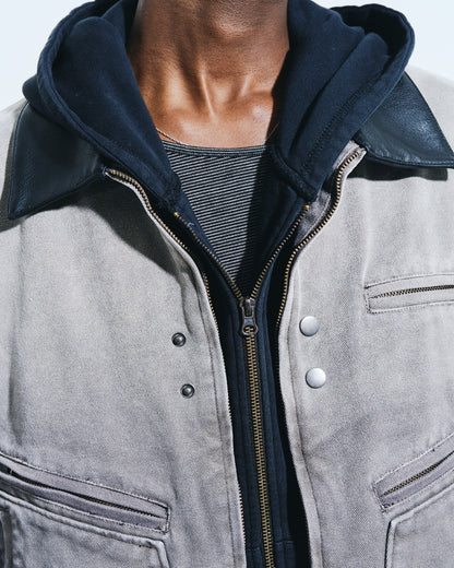 FAUX LEATHER COLLAR FADED DETROIT JACKET