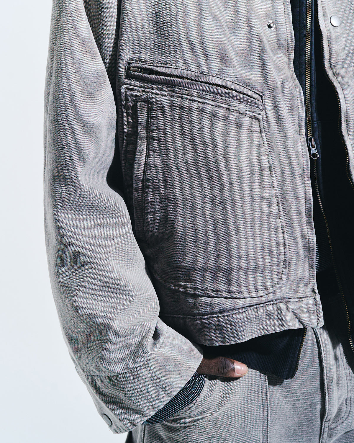 FAUX LEATHER COLLAR FADED DETROIT JACKET