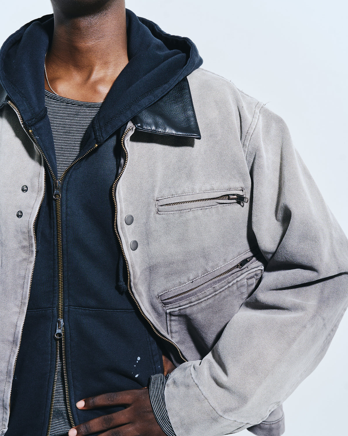 FAUX LEATHER COLLAR FADED DETROIT JACKET