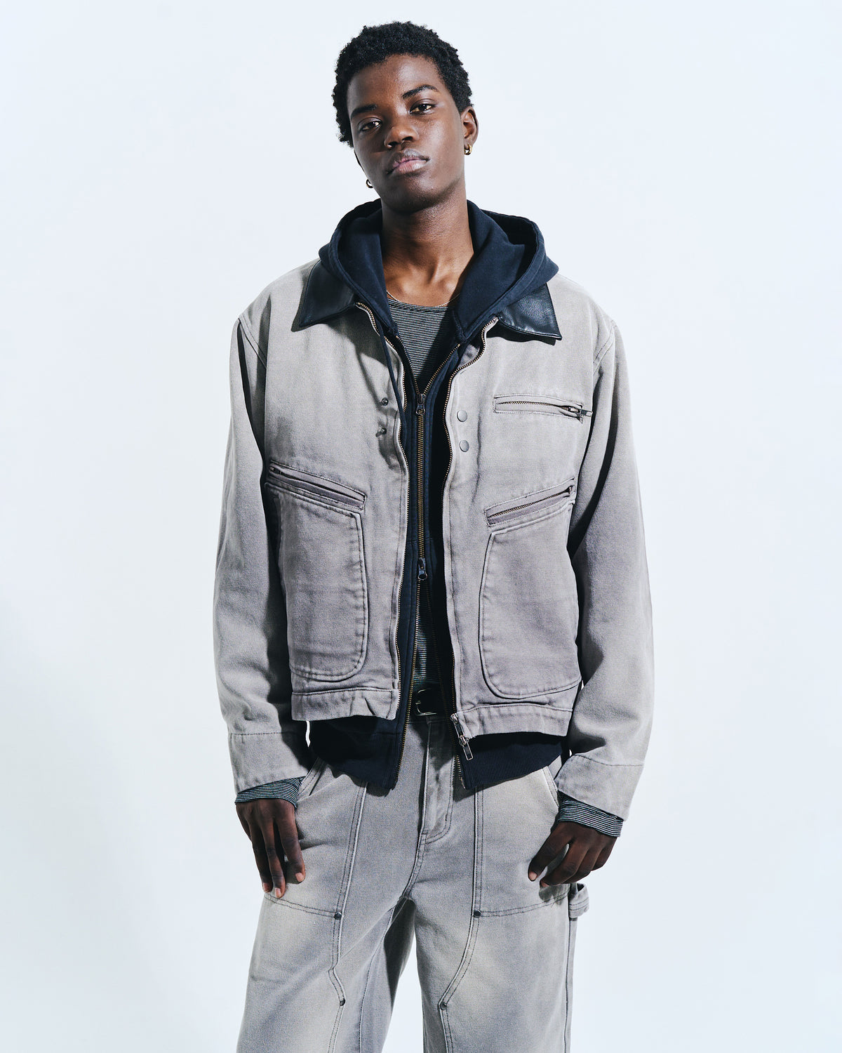 FAUX LEATHER COLLAR FADED DETROIT JACKET