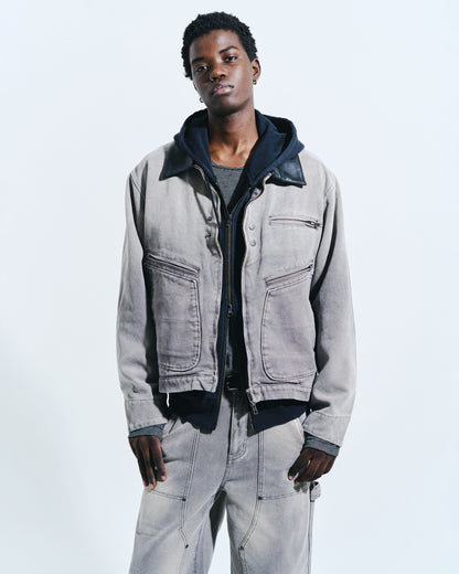 FAUX LEATHER COLLAR FADED DETROIT JACKET