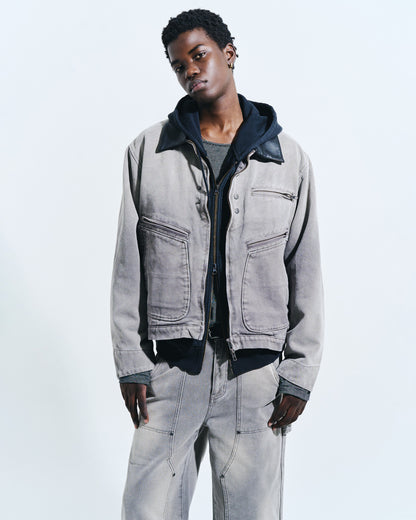 FAUX LEATHER COLLAR FADED DETROIT JACKET
