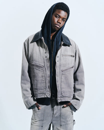 FAUX LEATHER COLLAR FADED DETROIT JACKET