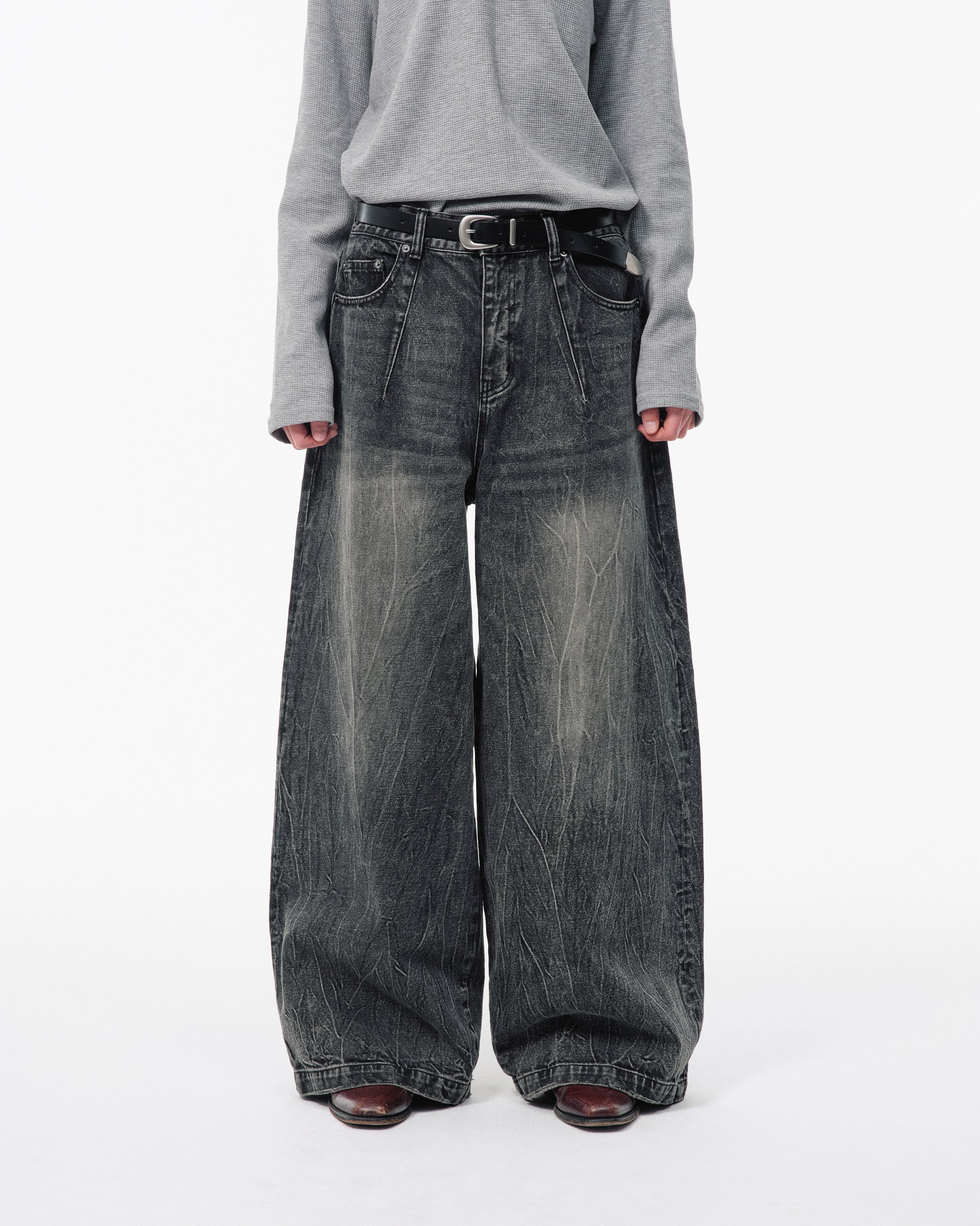 CRACKED CHEMICAL-WASHED WIDE BAGGY JEANS – CAMPHOR WOOD - OFFICIAL