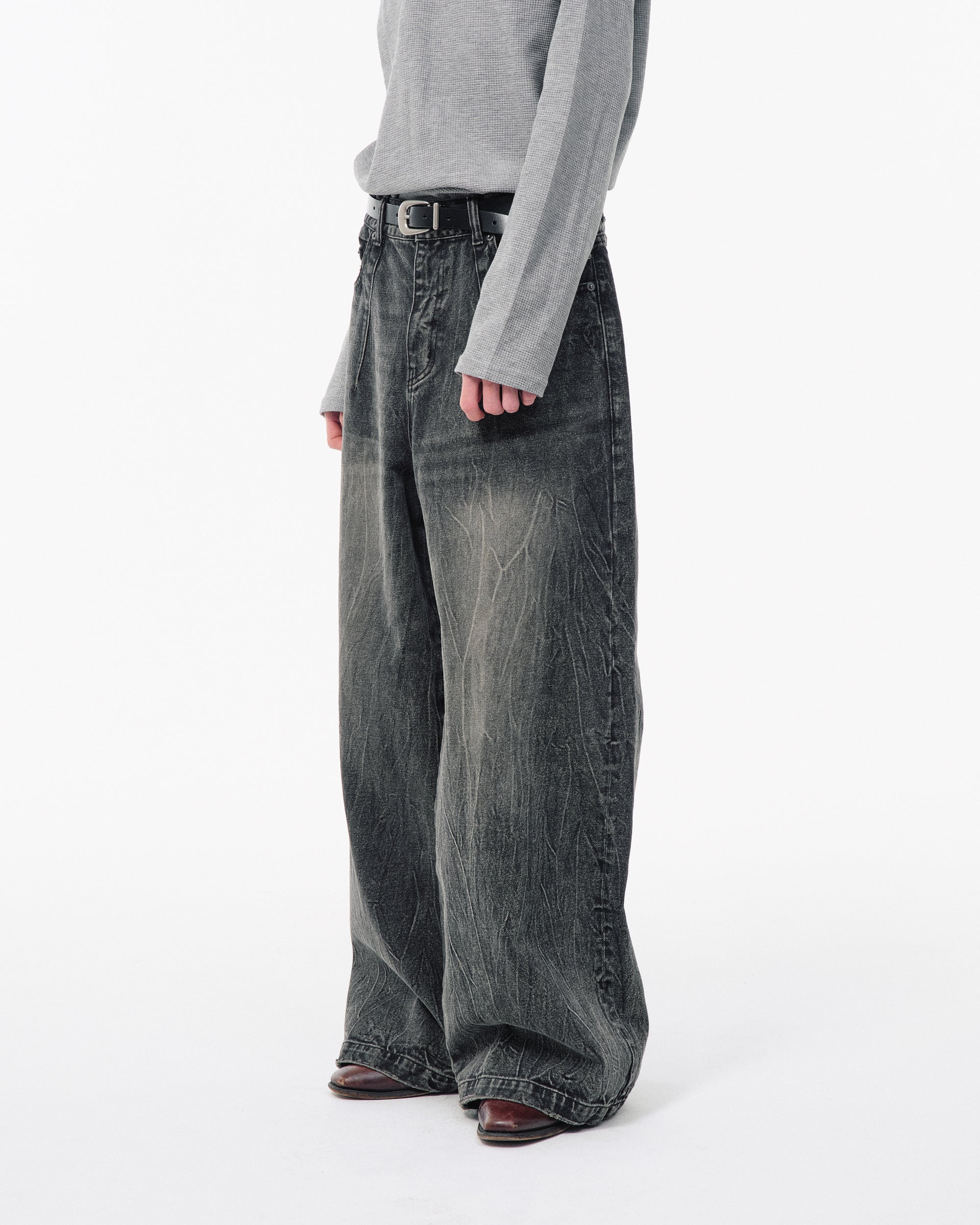 CRACKED CHEMICAL-WASHED WIDE BAGGY JEANS – CAMPHOR WOOD - OFFICIAL