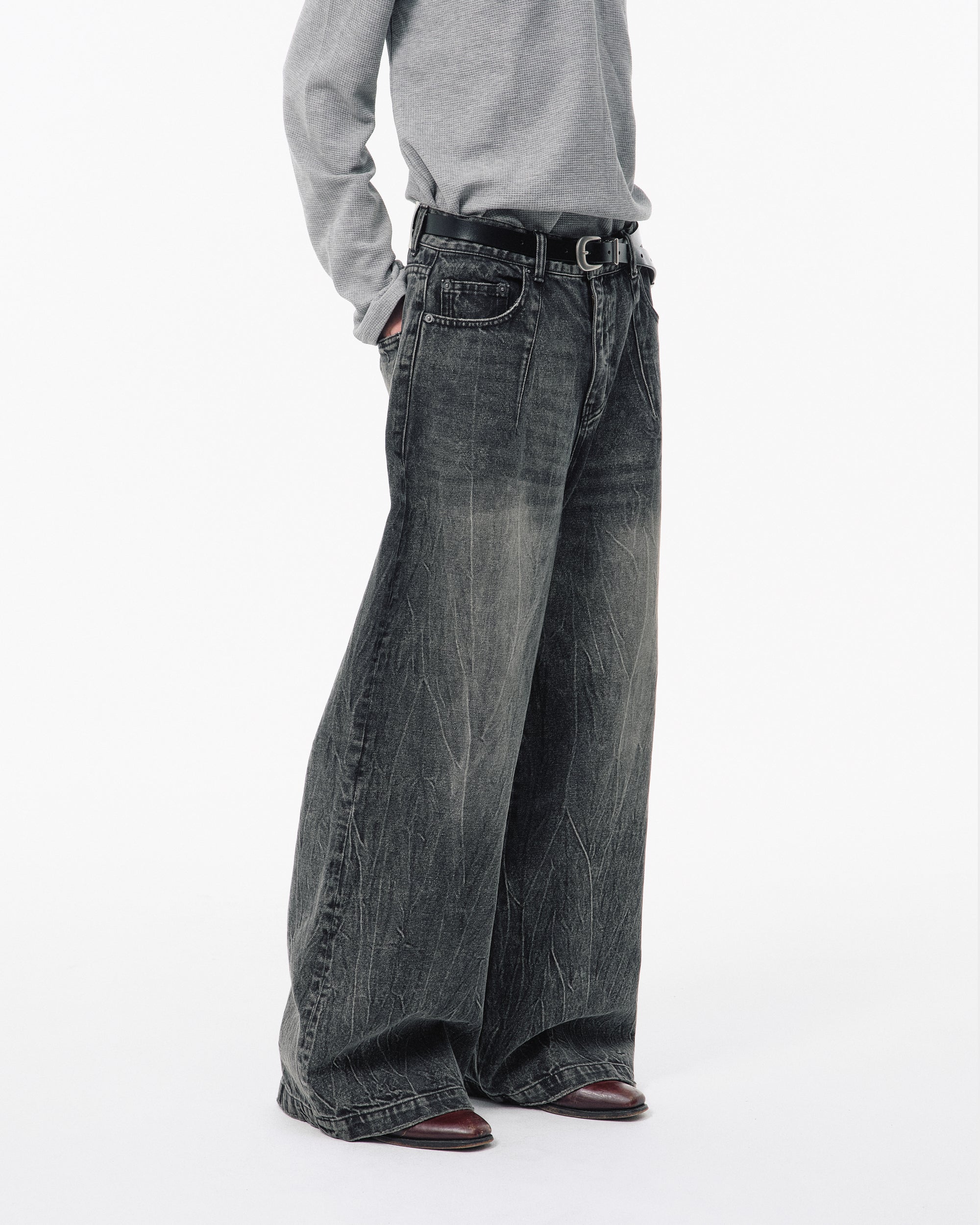 CRACKED CHEMICAL-WASHED WIDE BAGGY JEANS – CAMPHOR WOOD - OFFICIAL