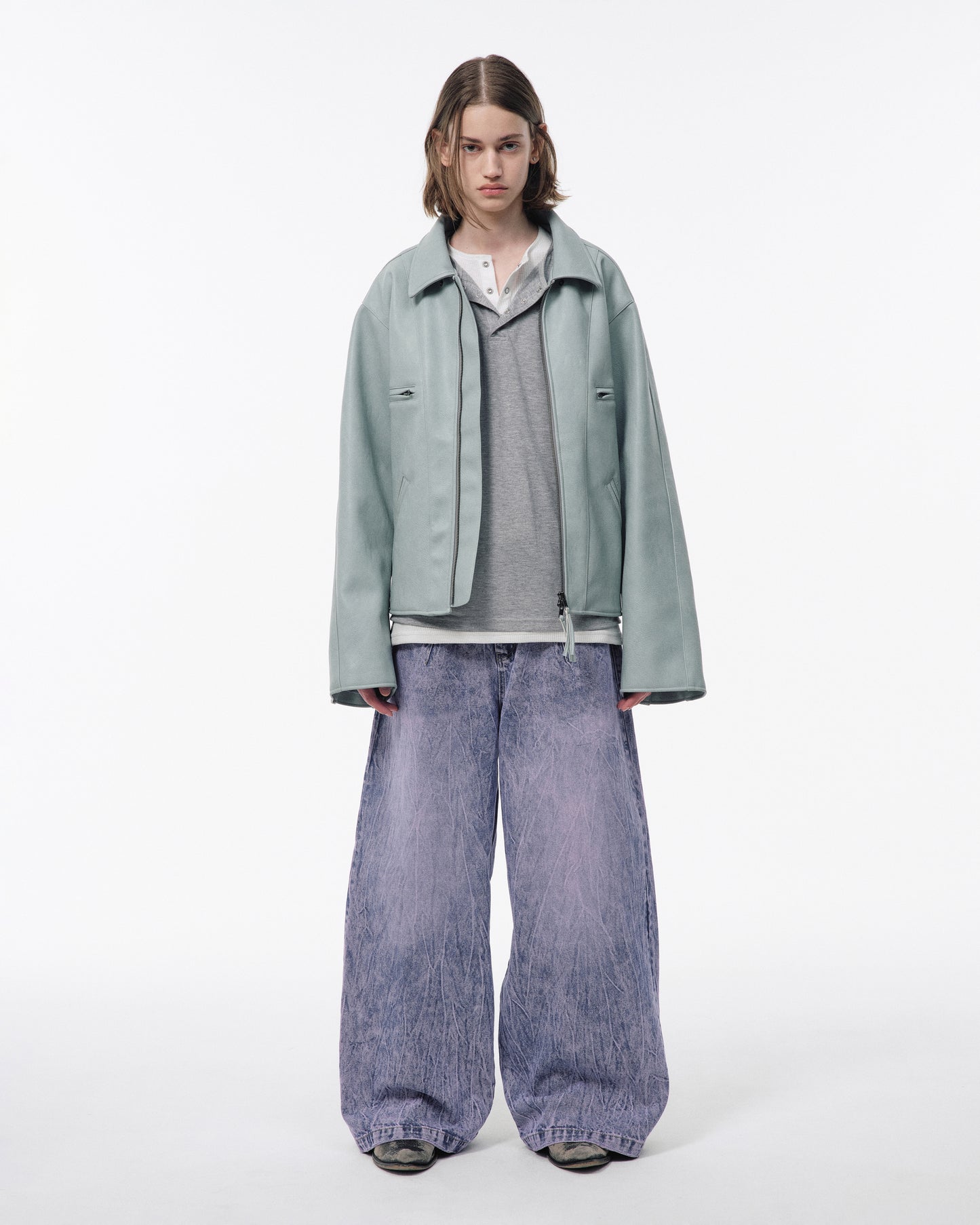 CRACKED CHEMICAL-WASHED WIDE BAGGY JEANS