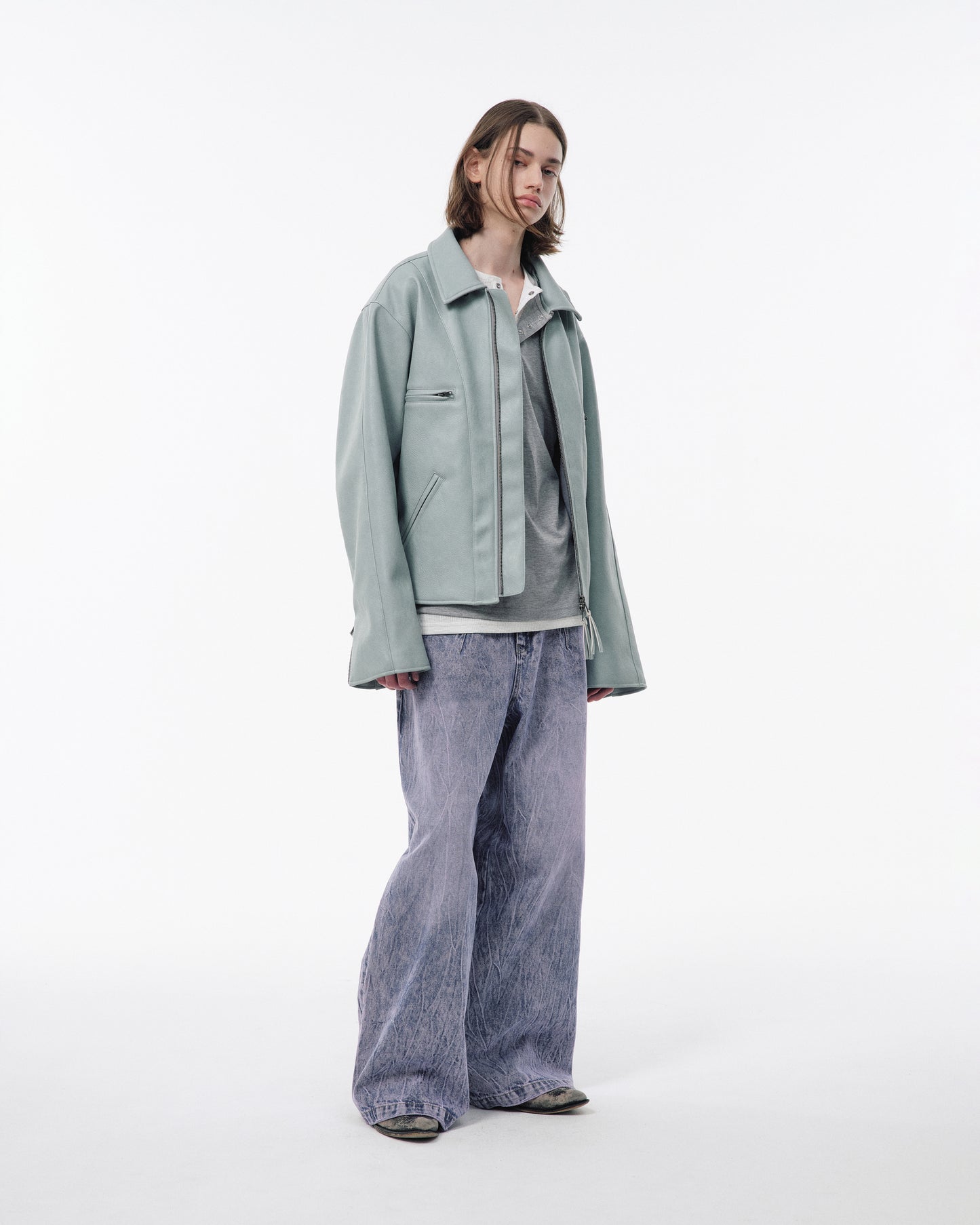 CRACKED CHEMICAL-WASHED WIDE BAGGY JEANS