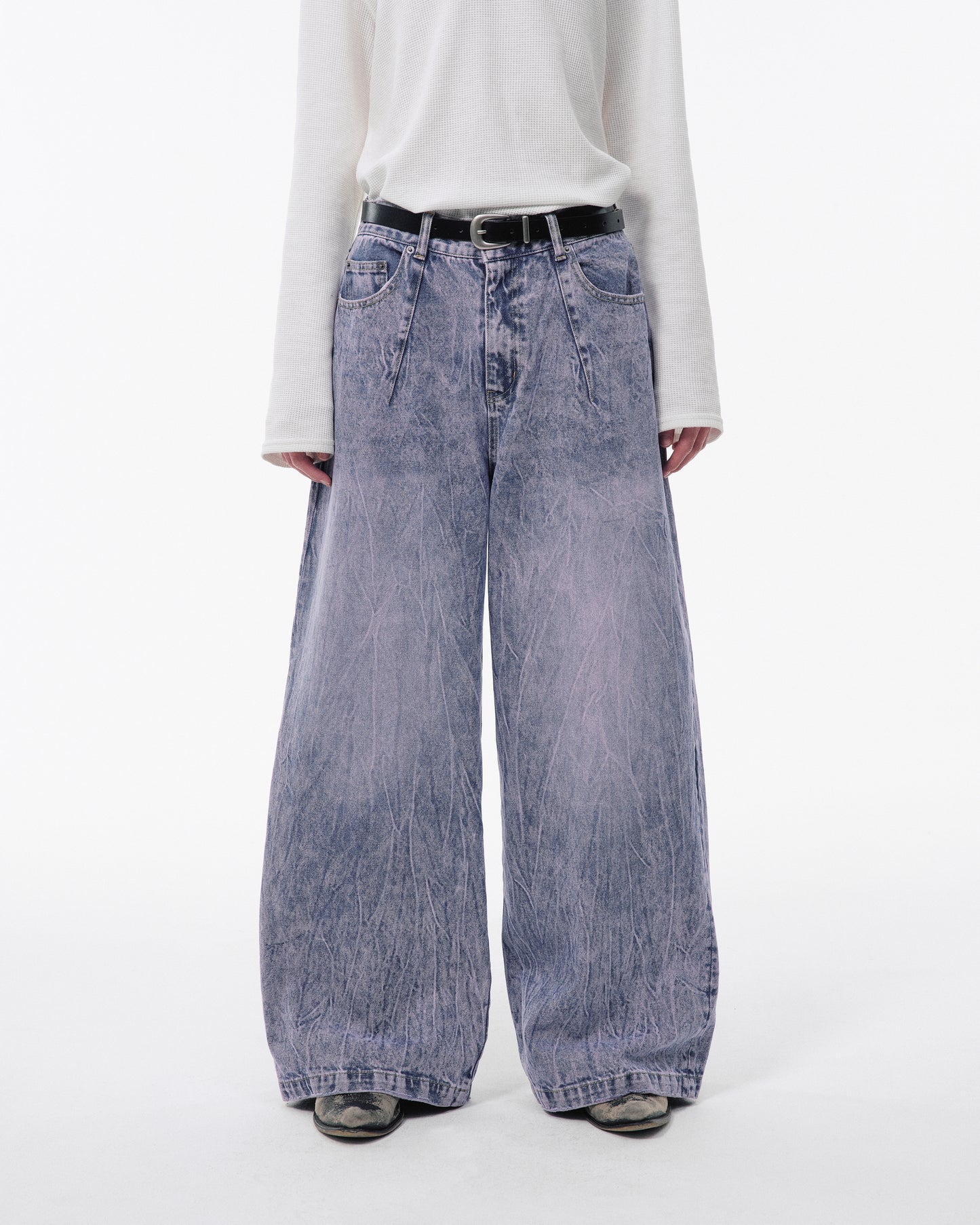 CRACKED CHEMICAL-WASHED WIDE BAGGY JEANS