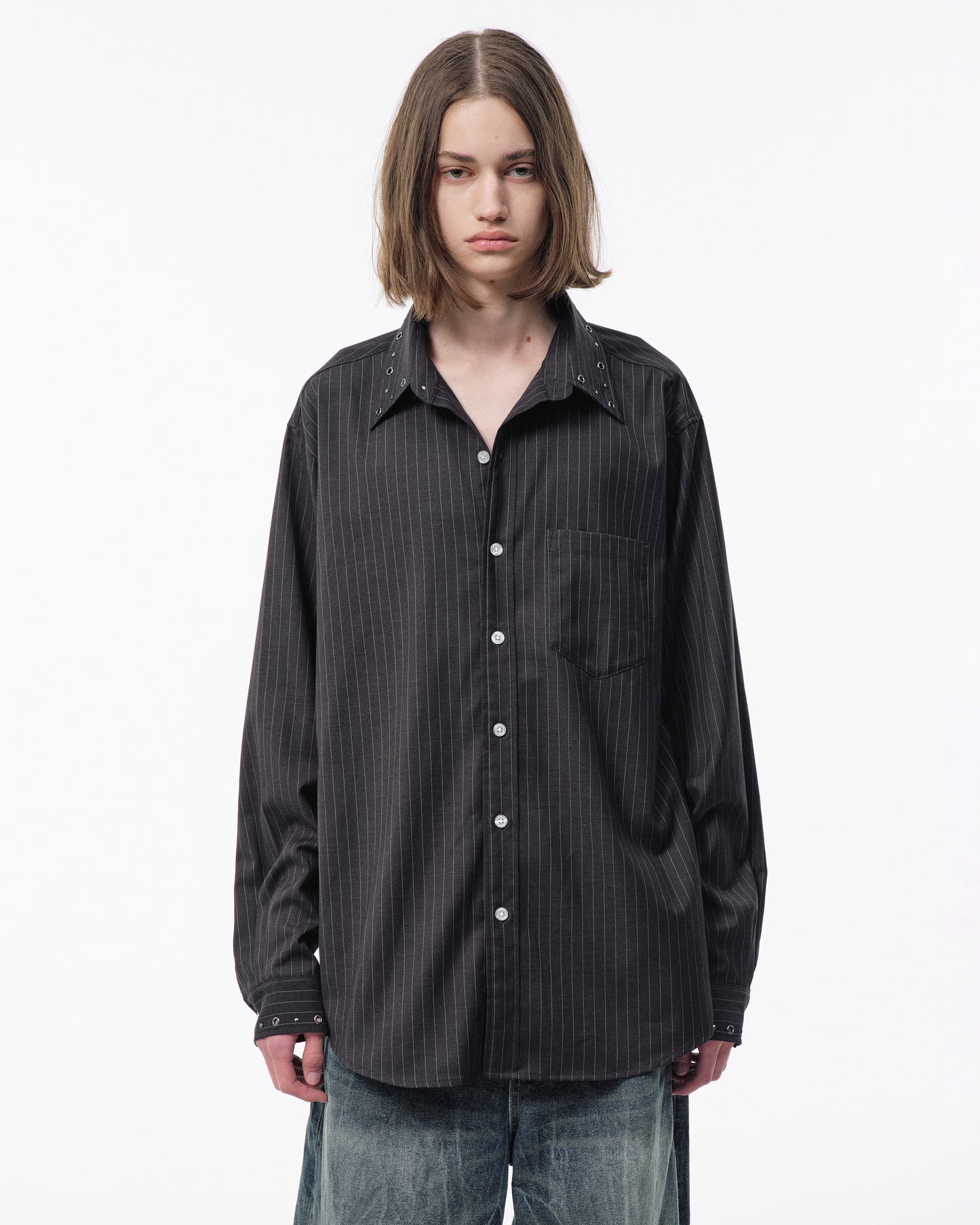 EYELET REGULAR COLLAR STRIPE L/S SHIRT