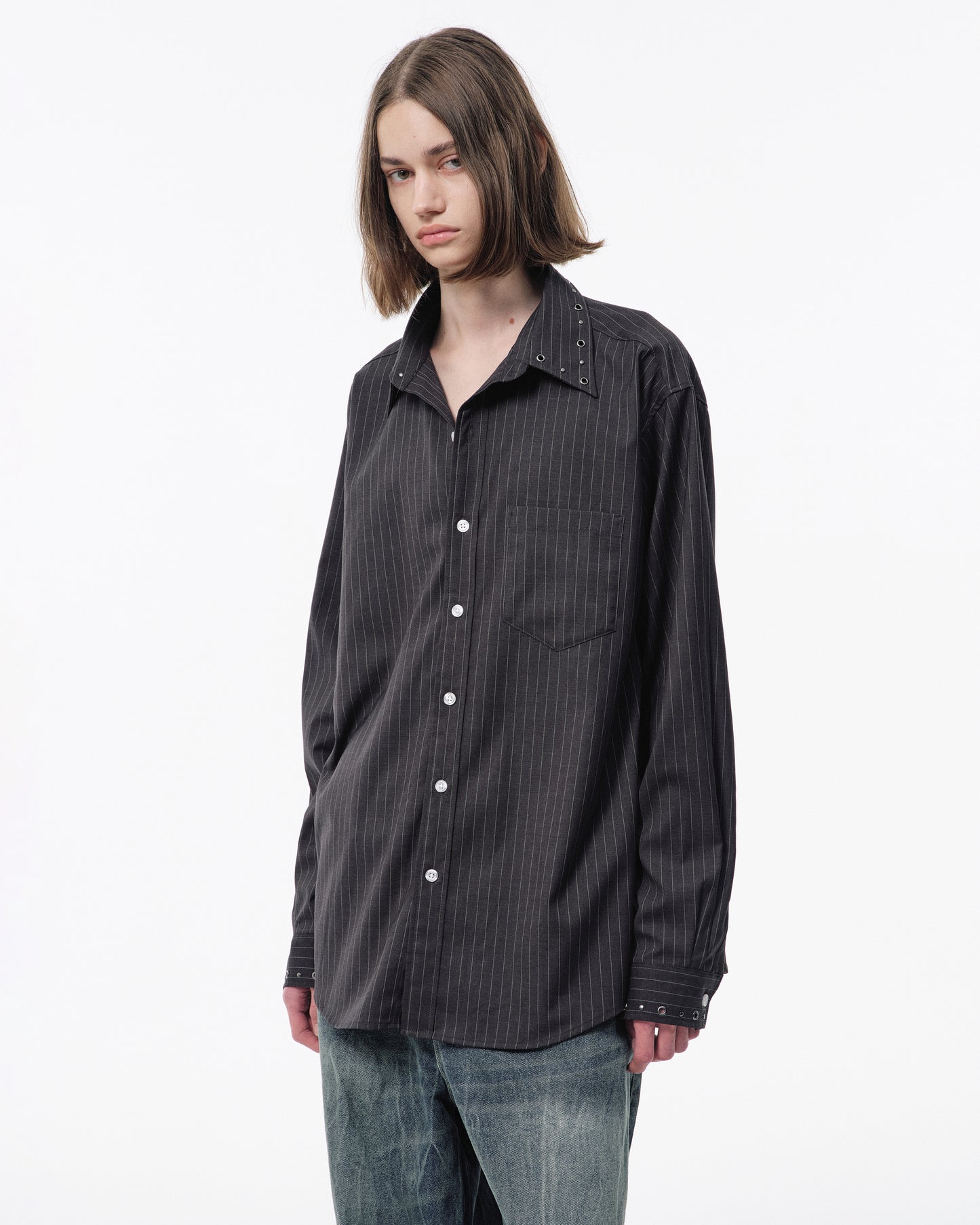EYELET REGULAR COLLAR STRIPE L/S SHIRT