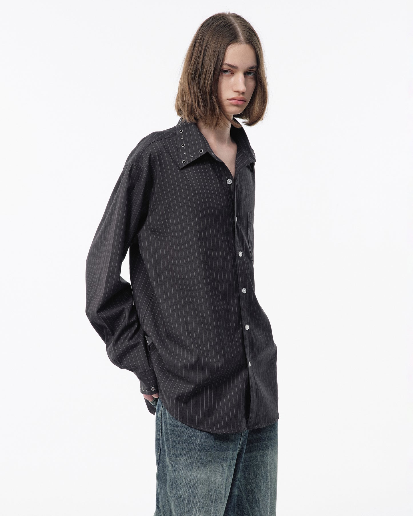EYELET REGULAR COLLAR STRIPE L/S SHIRT