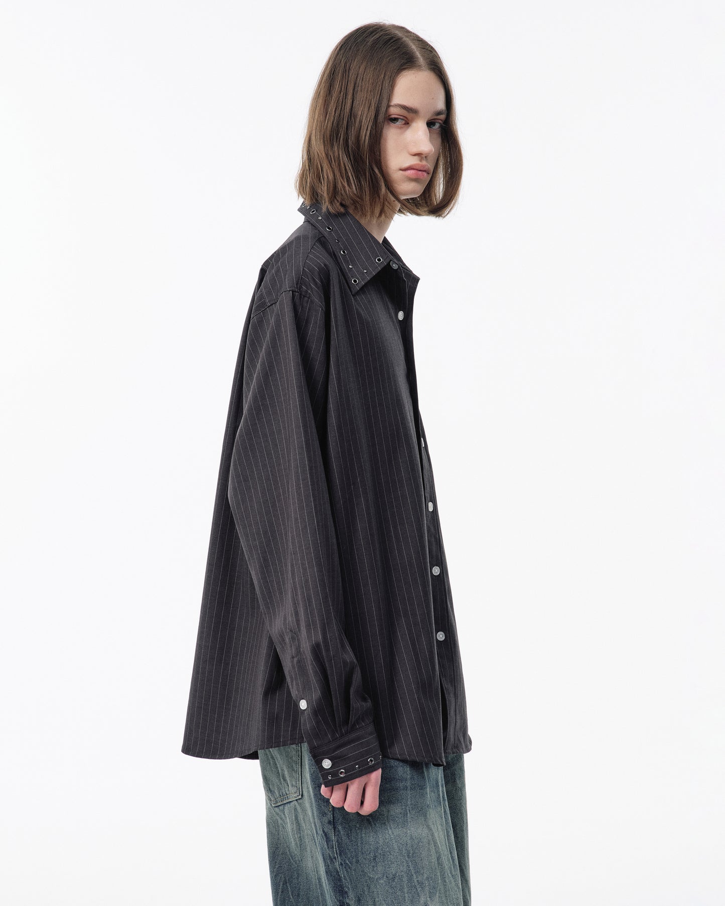 EYELET REGULAR COLLAR STRIPE L/S SHIRT