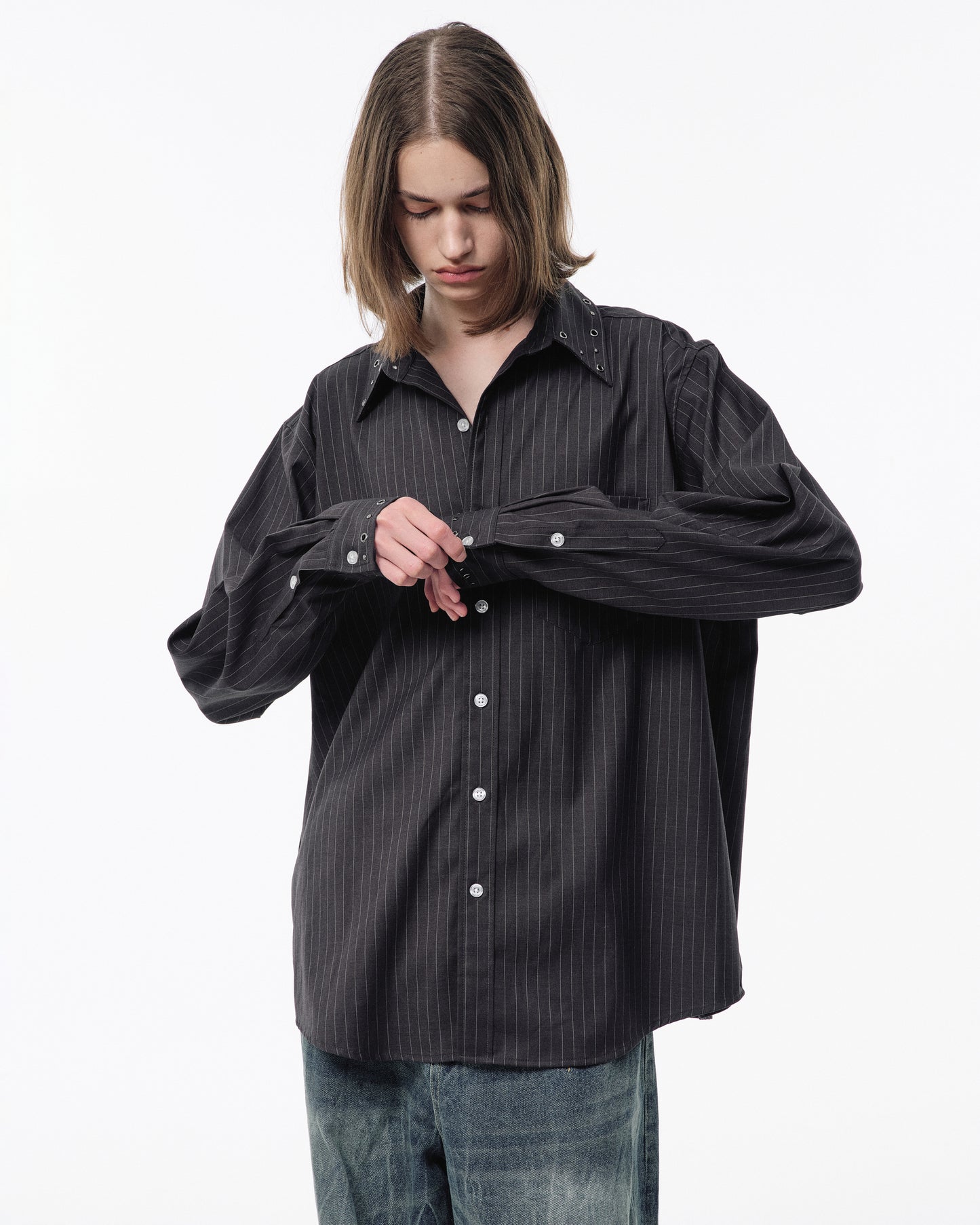 EYELET REGULAR COLLAR STRIPE L/S SHIRT