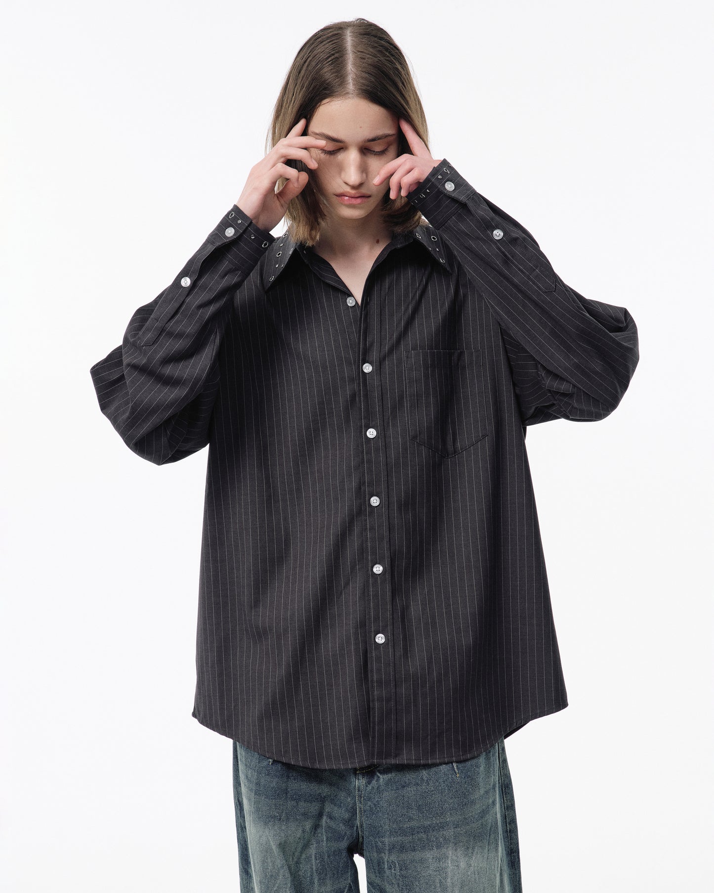 EYELET REGULAR COLLAR STRIPE L/S SHIRT