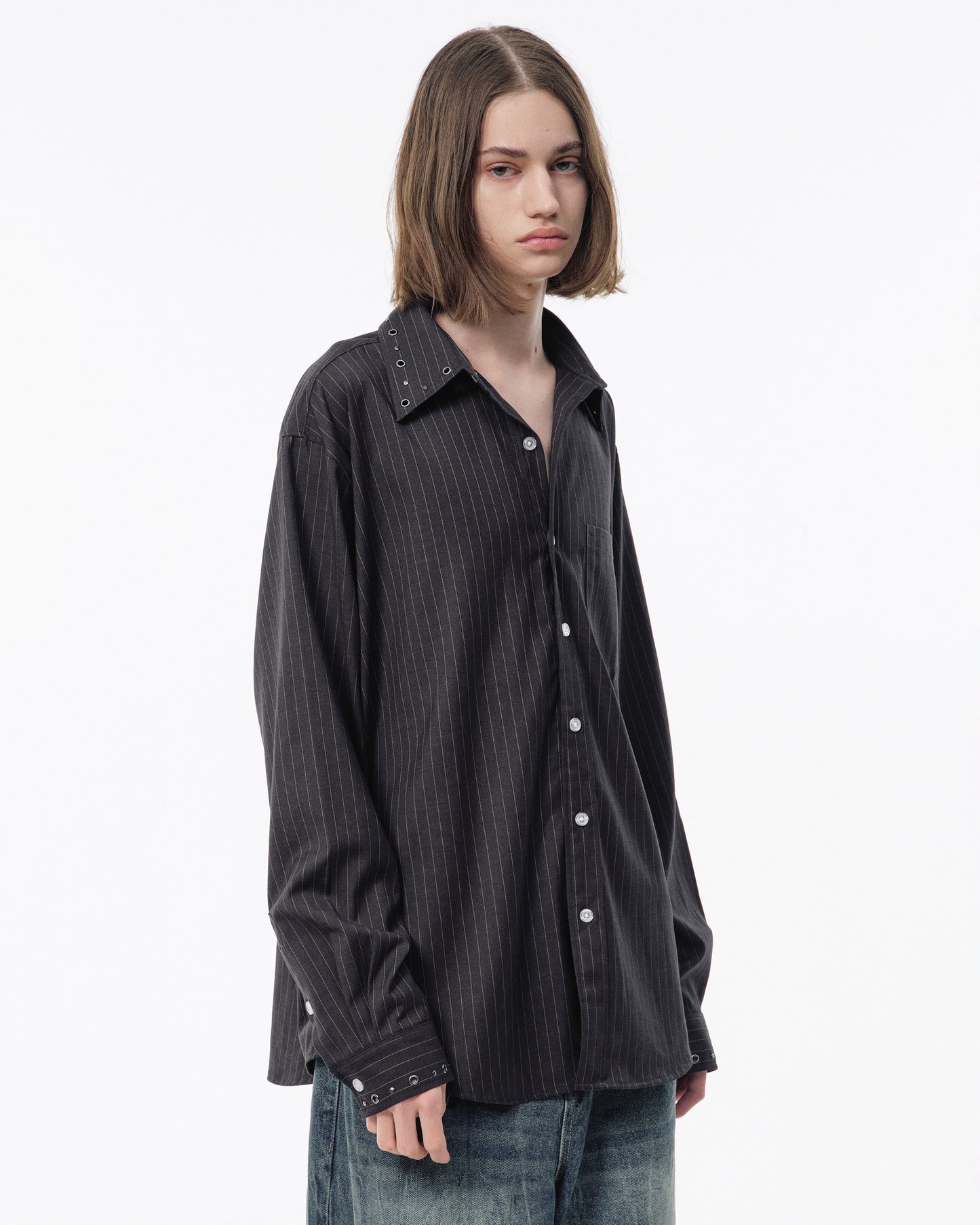 EYELET REGULAR COLLAR STRIPE L/S SHIRT
