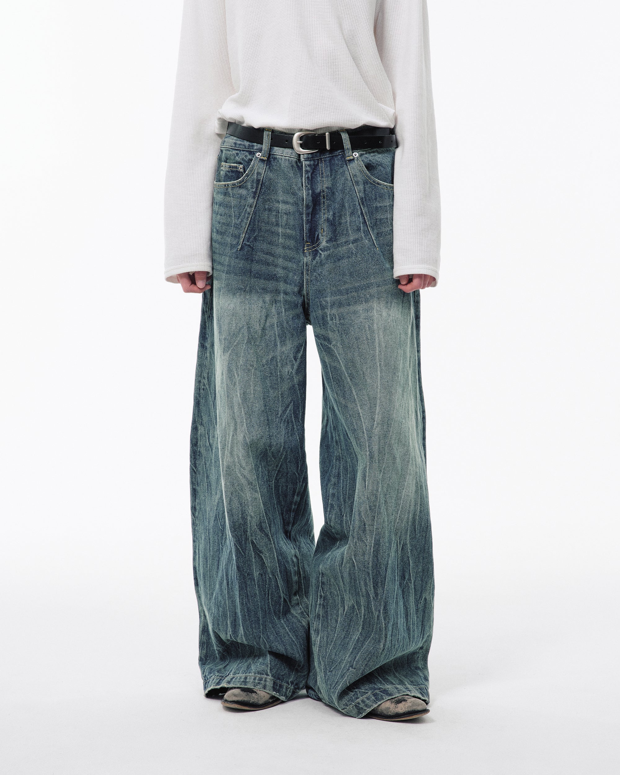 CRACKED CHEMICAL-WASHED WIDE BAGGY JEANS – CAMPHOR WOOD - OFFICIAL