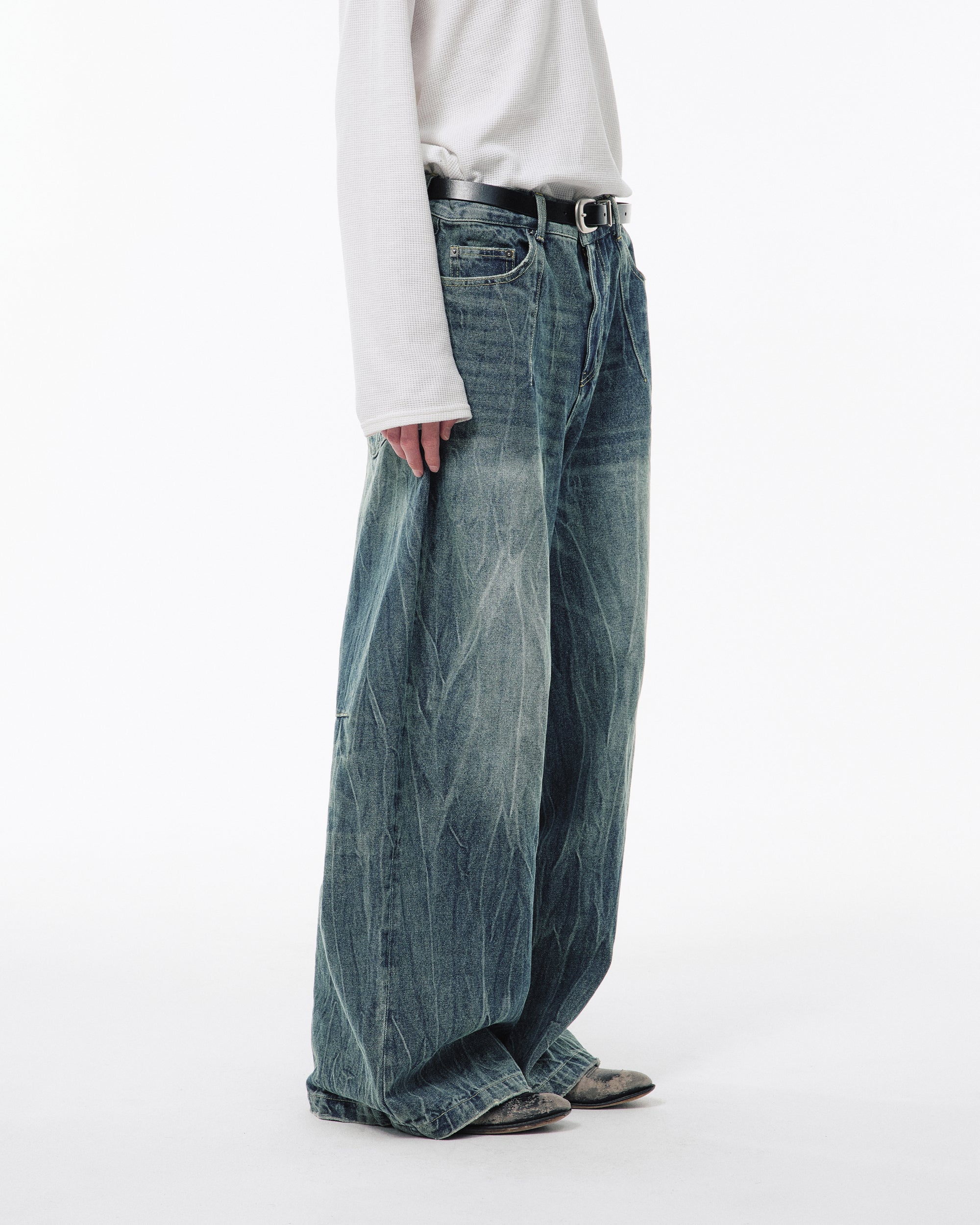CRACKED CHEMICAL-WASHED WIDE BAGGY JEANS – CAMPHOR WOOD - OFFICIAL