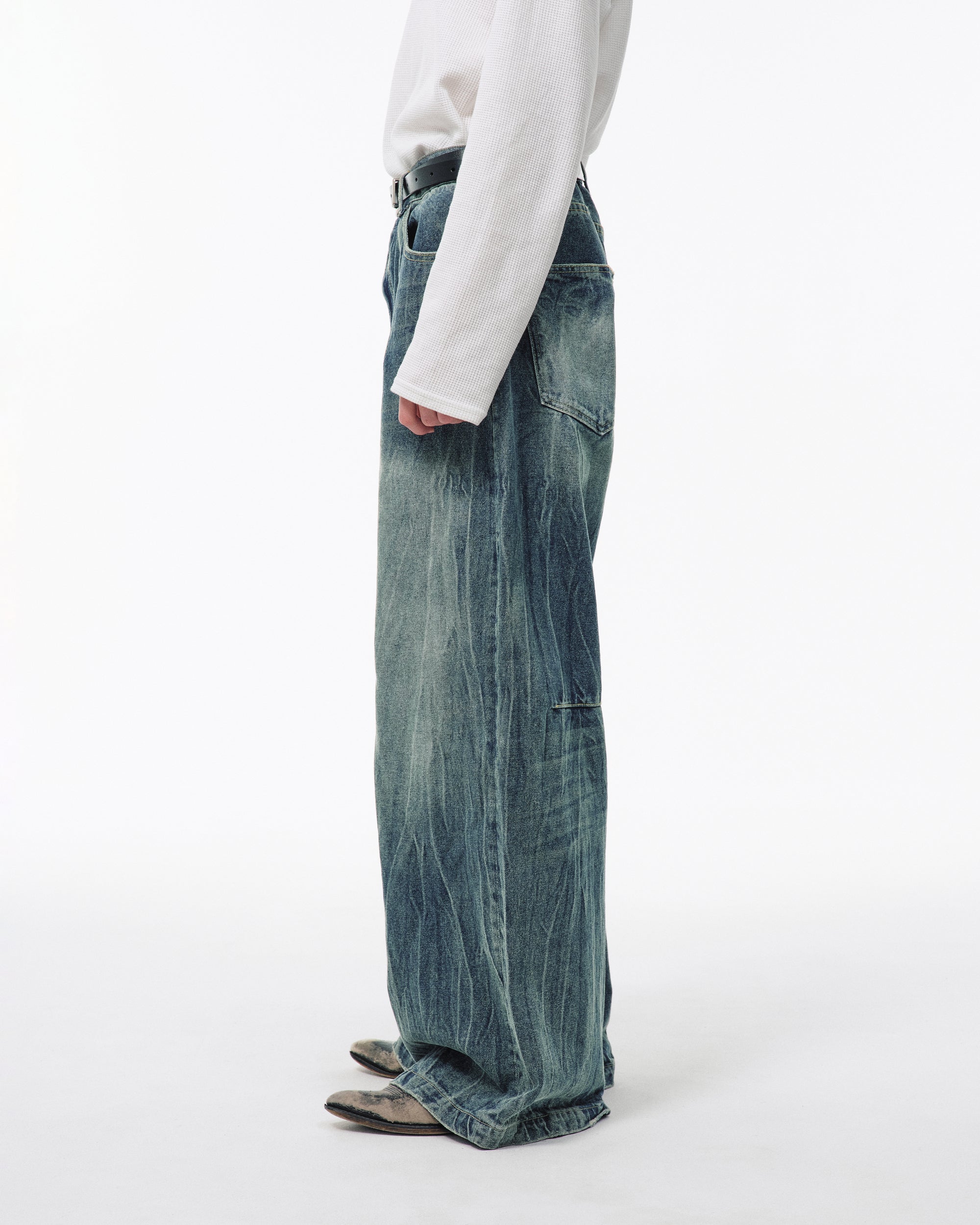 CRACKED CHEMICAL-WASHED WIDE BAGGY JEANS – CAMPHOR WOOD - OFFICIAL