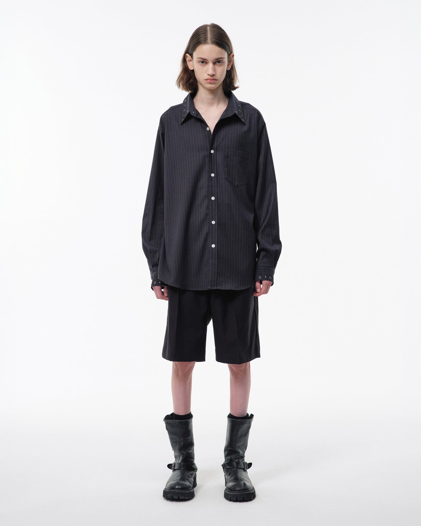 EYELET REGULAR COLLAR STRIPE L/S SHIRT