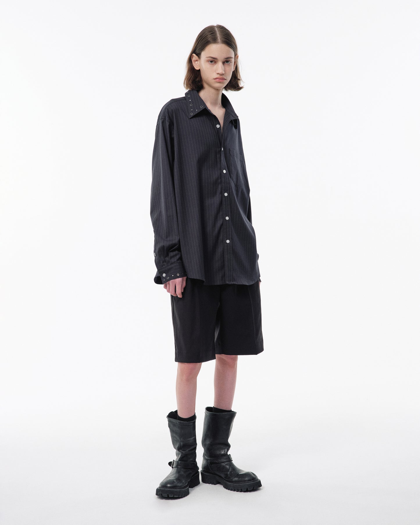 EYELET REGULAR COLLAR STRIPE L/S SHIRT