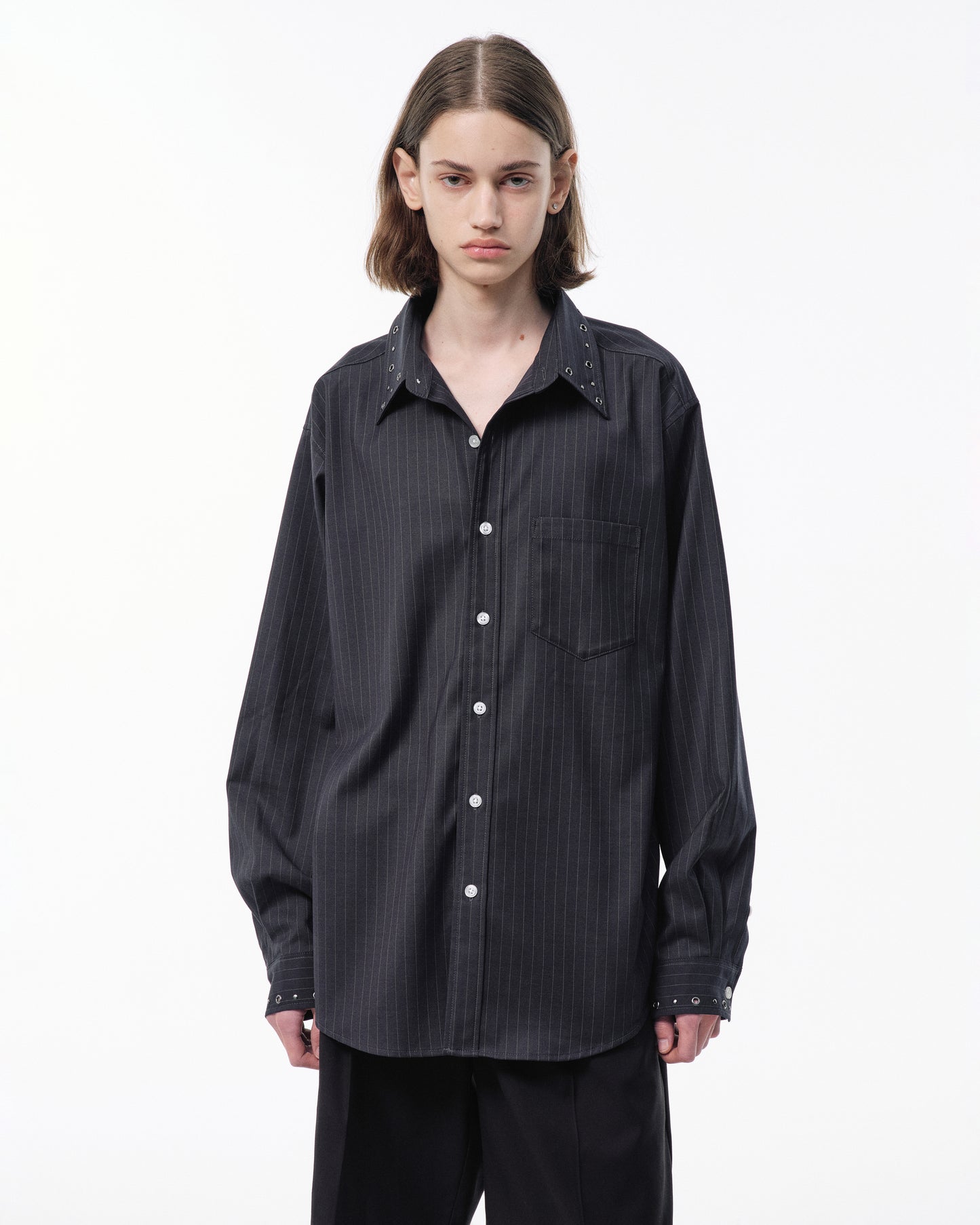 EYELET REGULAR COLLAR STRIPE L/S SHIRT