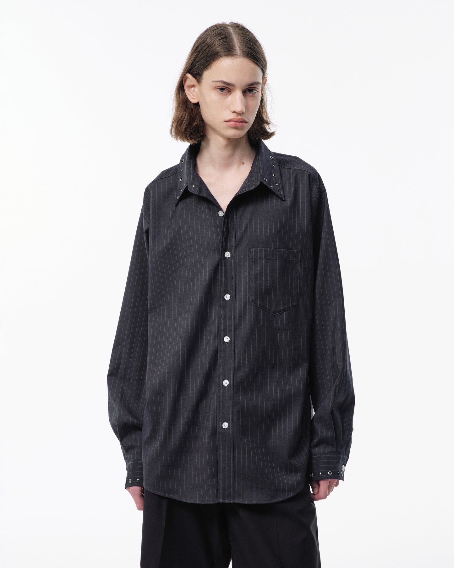 EYELET REGULAR COLLAR STRIPE L/S SHIRT
