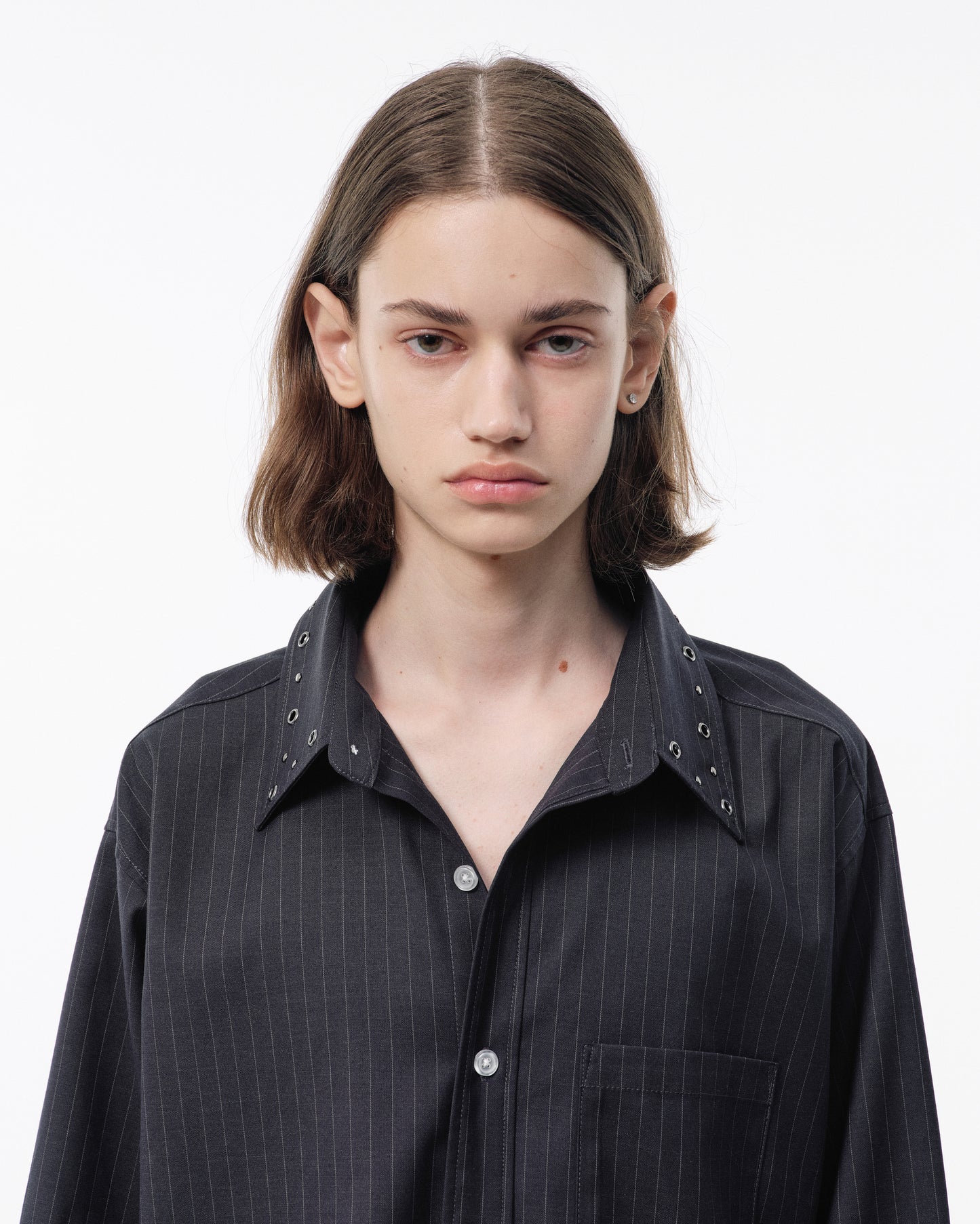 EYELET REGULAR COLLAR STRIPE L/S SHIRT