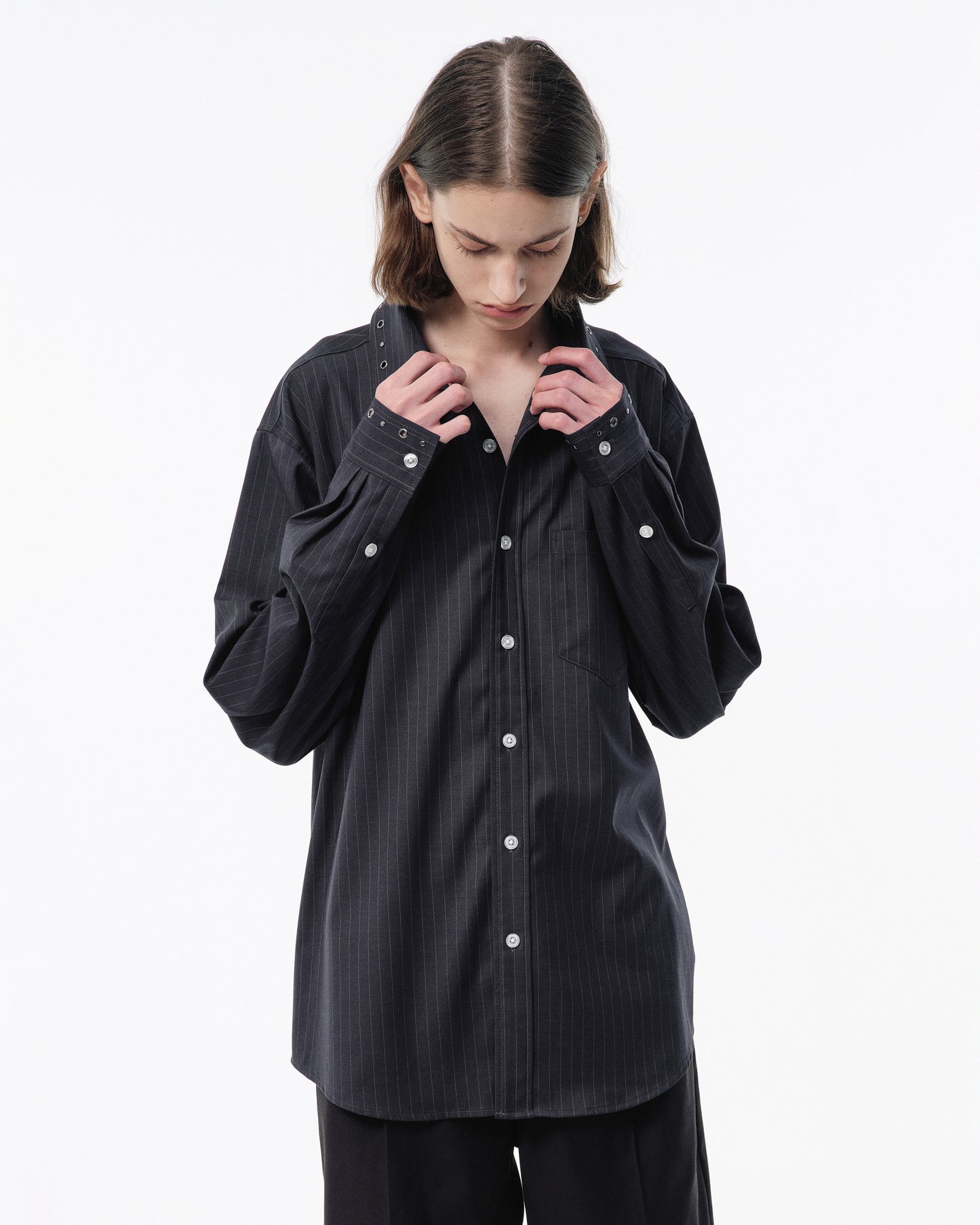 EYELET REGULAR COLLAR STRIPE L/S SHIRT