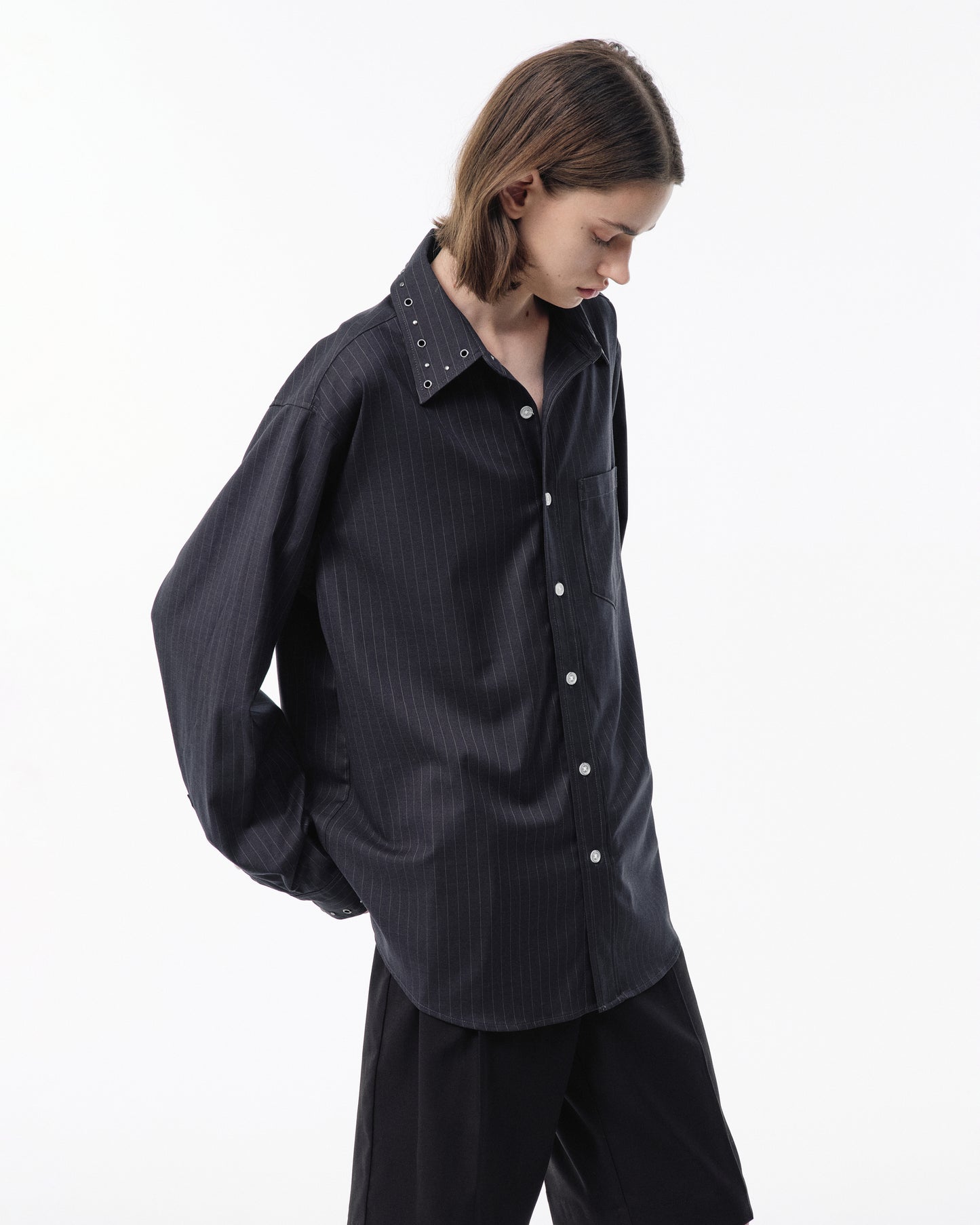 EYELET REGULAR COLLAR STRIPE L/S SHIRT