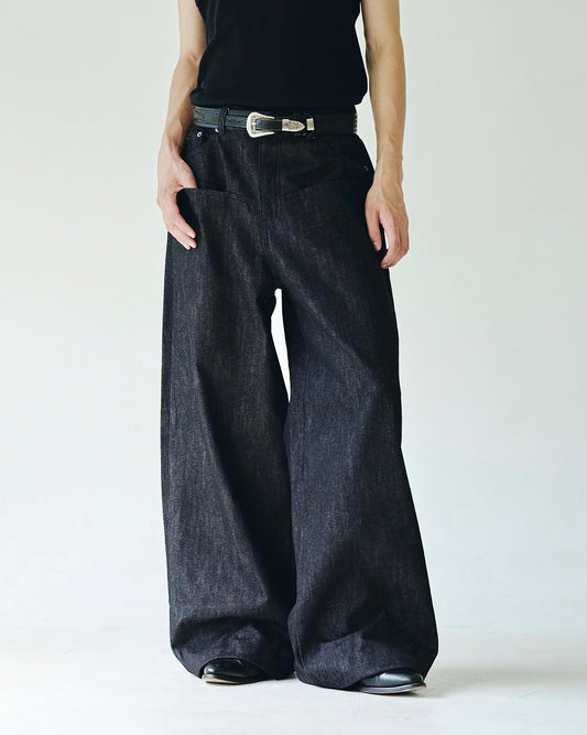 DOUBLE POCKET RIGID SLUB BAGGY DENIM TROUSERS